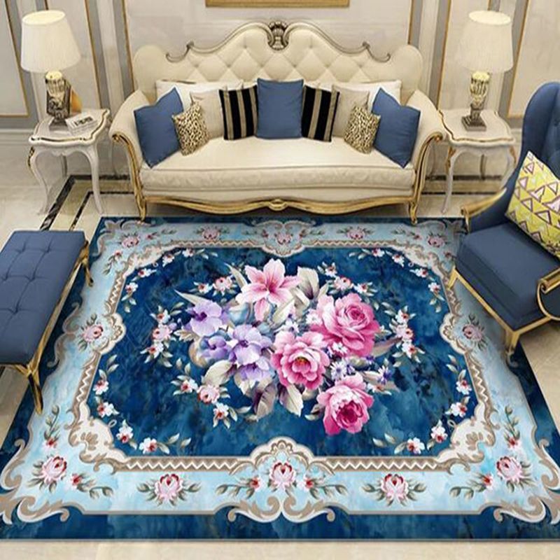 Blue Tone Modern Area Carpet Polyester Floral Printing Indoor Rug Easy Care Carpet for Home Decoration