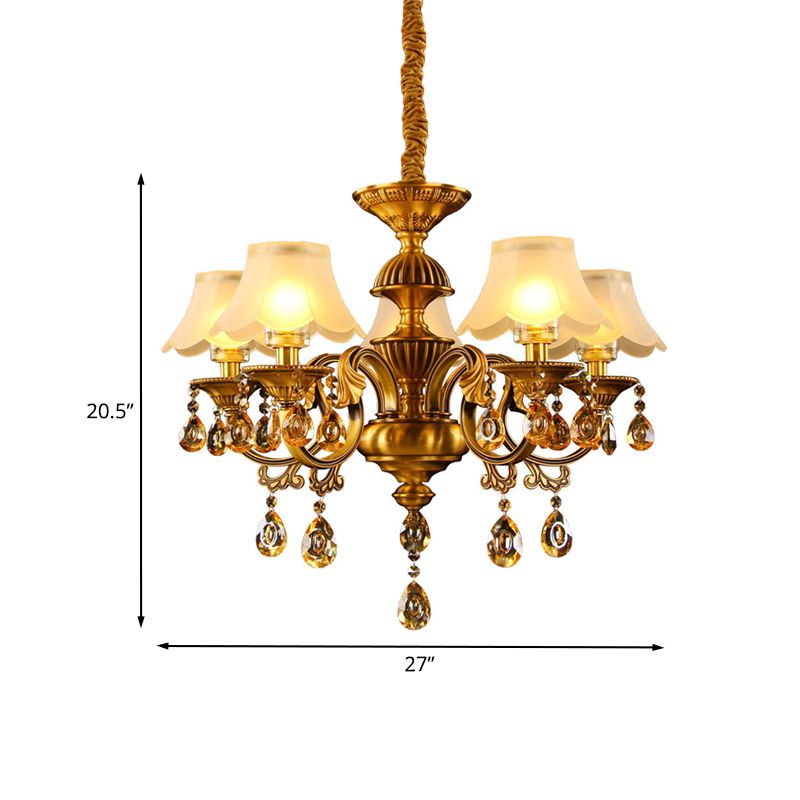 Tapered Shade Pendant Chandelier Mid Century 5-Light Faceted Crystal Finial Ceiling Hang Fixture in Brass