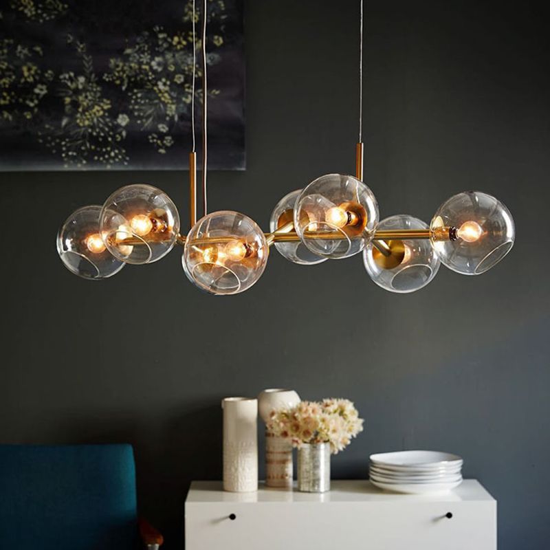Moderne Metal Island Leuchten 8-Kopf-Restaurant Hanging Lamps mit Globe Glass Shade