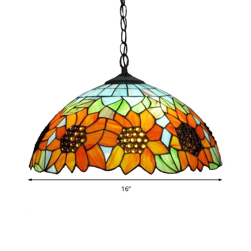 1 Head Bedroom Hanging Lamp Traditional Pendant Light Fixture with Sunflower Orange Stained Glass Shade
