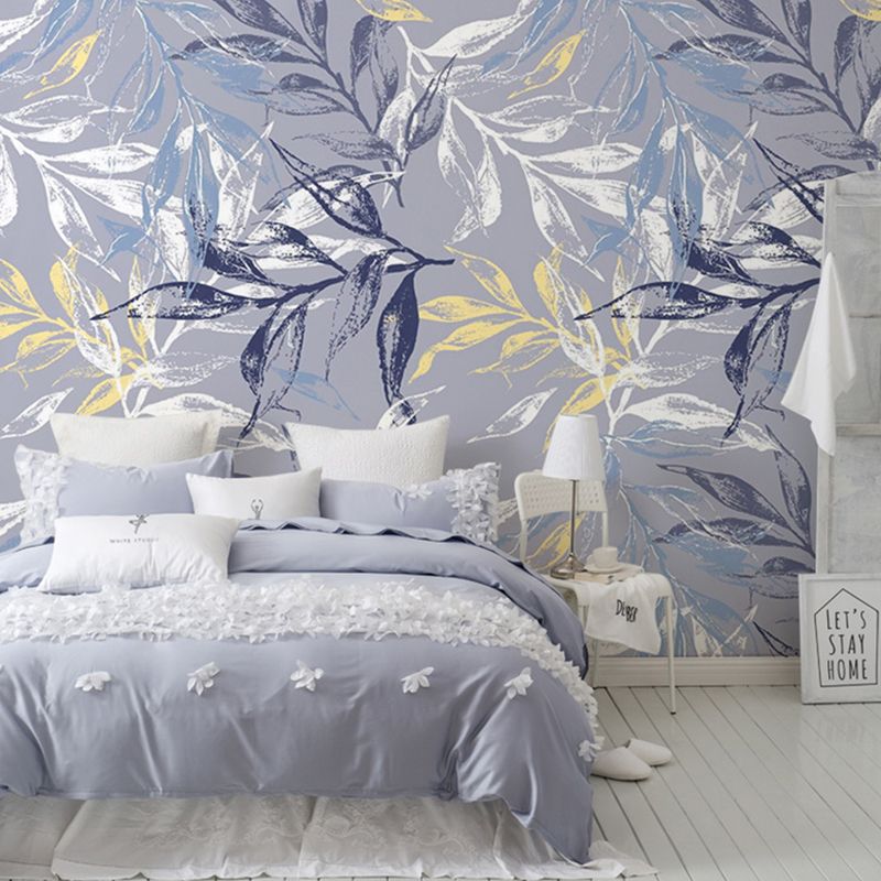 Big Illustration Classic Mural Wallpaper for Bedroom with Leaf and Branch in Grey and Blue
