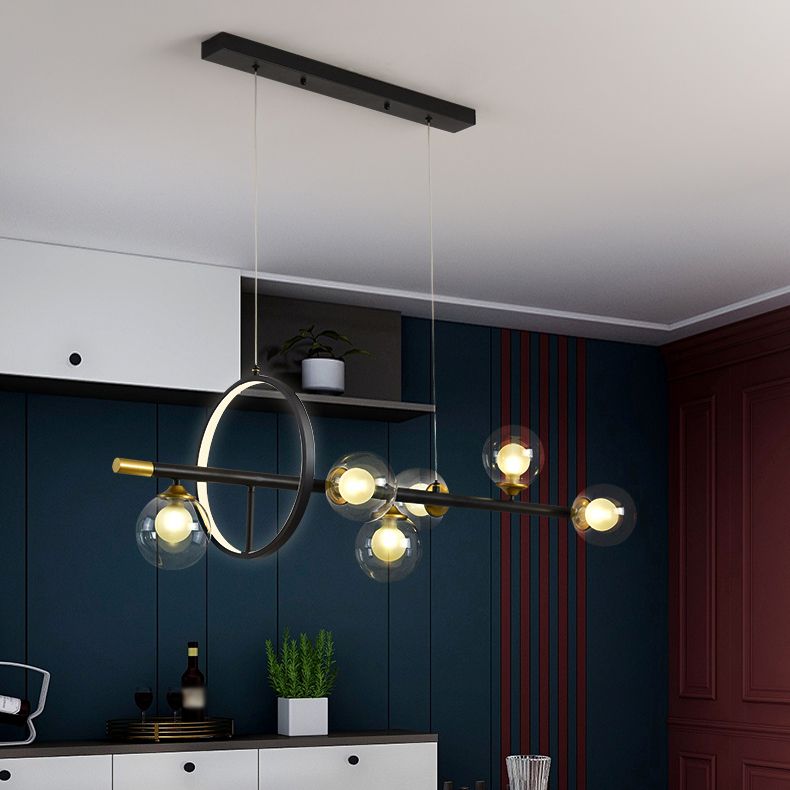 Contemporary Style Spherical Island Lighting Clear Glass Island Light Fixtures in Black