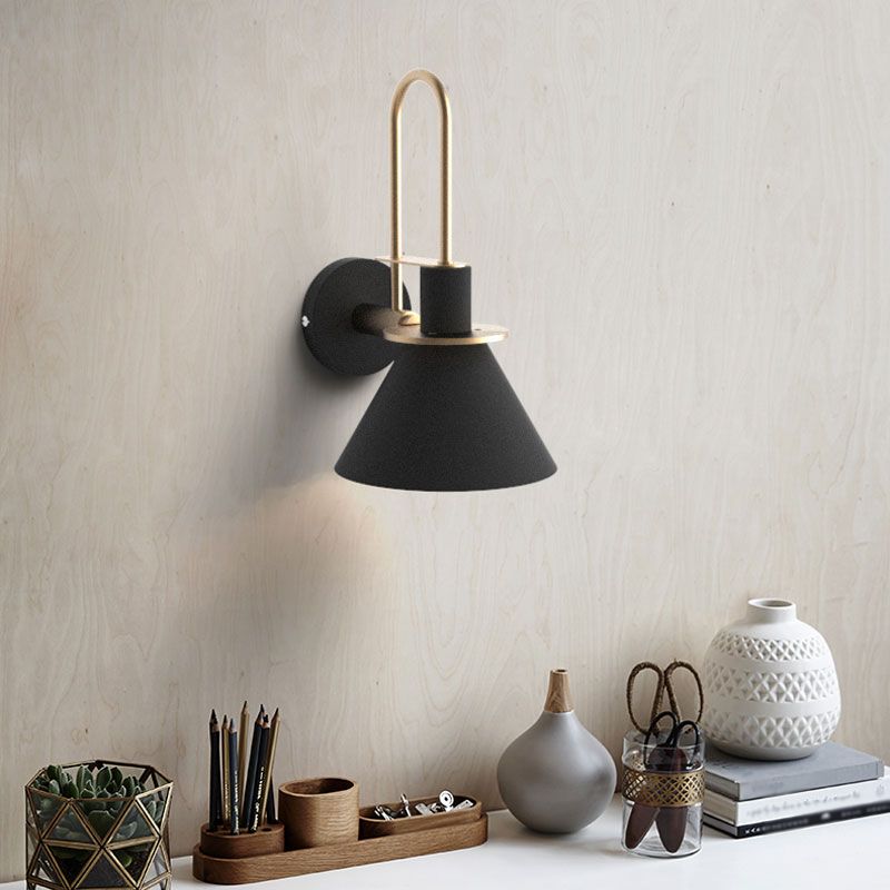Black/White/Green Cone Wall Lamp Macaron 1-Light Metal Wall Mounted Light with Arched Arm for Bedroom, Warm/White Light
