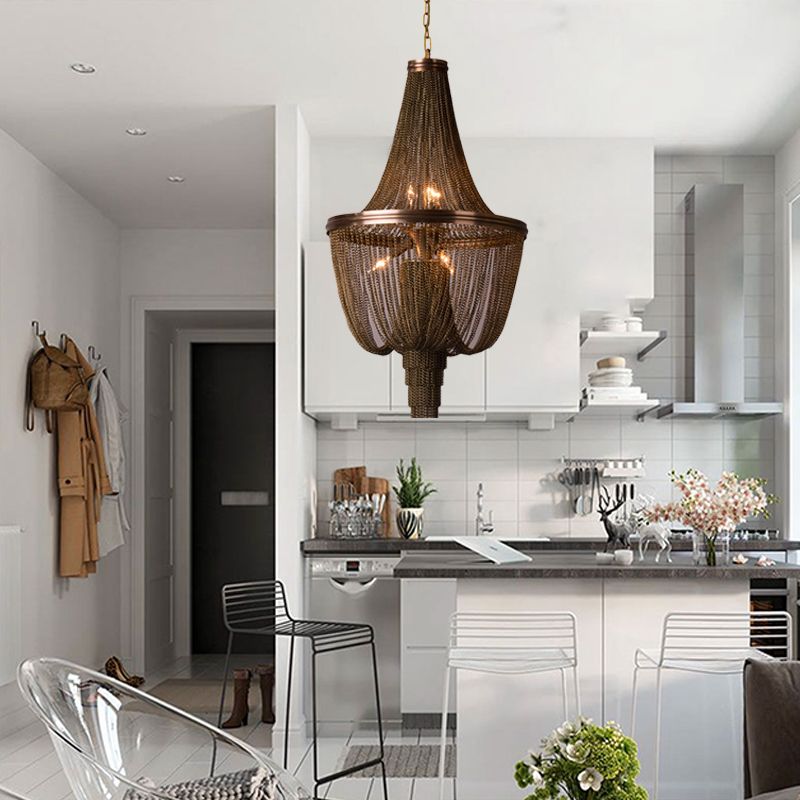 Lodge Chain Fringe Chandelier Lamp 6 Lights Metallic Pendant Light Kit in Brown for Living Room