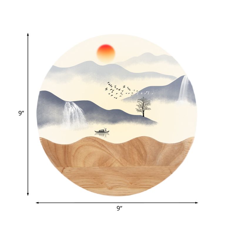 Rounded Acrylic Wall Mounted Light Fixture Asia Style LED Wood Wall Mural Light with Mountain/Branch Pattern
