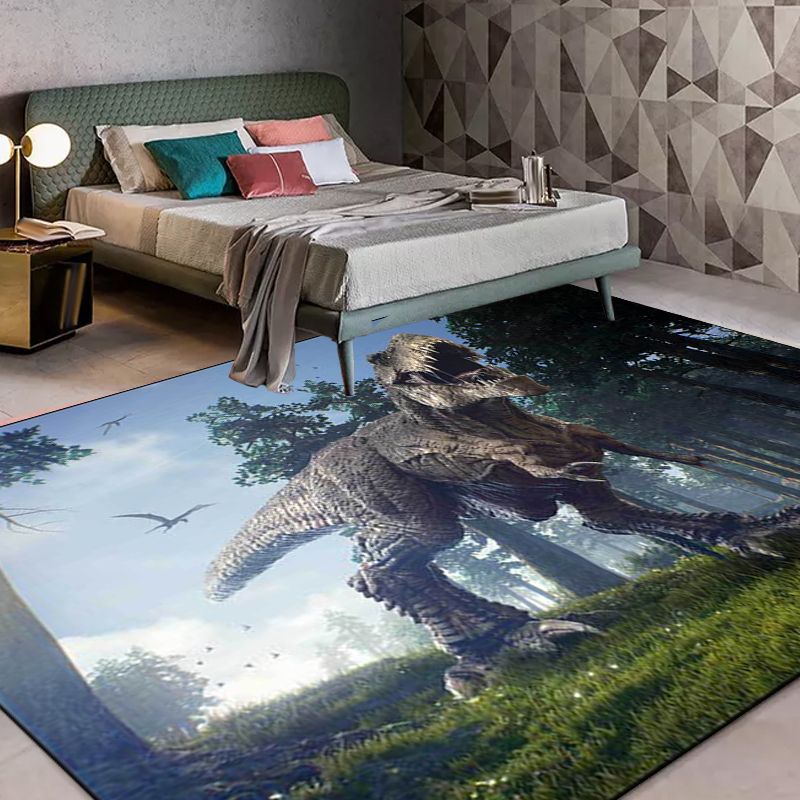 Blue Novelty Rug Polyester Dinosaur and Tree Pattern Rug Washable Non-Slip Backing Carpet for Living Room