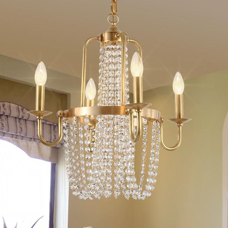 4 Bulbs Candelabra Hanging Pendant Traditional Gold Crystal Stands Chandelier Light Fixture