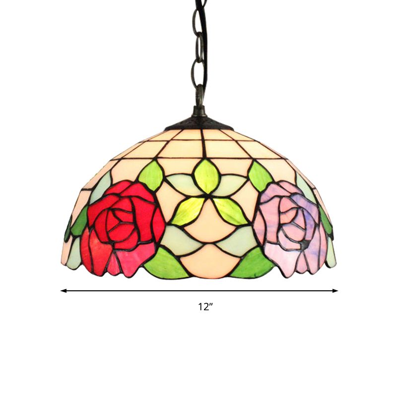 1 Head Bowl Pendant Lamp Baroque Black Stained Glass Suspended Light Fixture with Red/Pink Rose Pattern