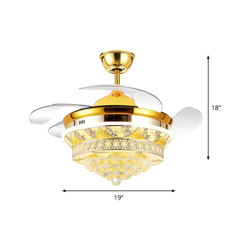 4 Klingen Moderne Kegel halb Flush Light Crystal Ball Led Schlafzimmer Deckenventilator mit Blumenmuster in Gold, 19 "breit