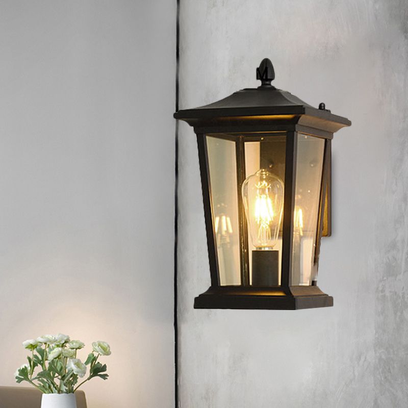 1-Head Flush Wall Sconce Traditional Porch Wall Mounted Lighting with Pavilion Dimpled Glass Shade in Black/Brass