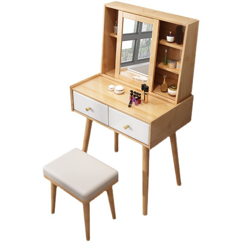 Wood Vanity and Stool 2 Drawers Mirrored Dressing Table for Bedroom