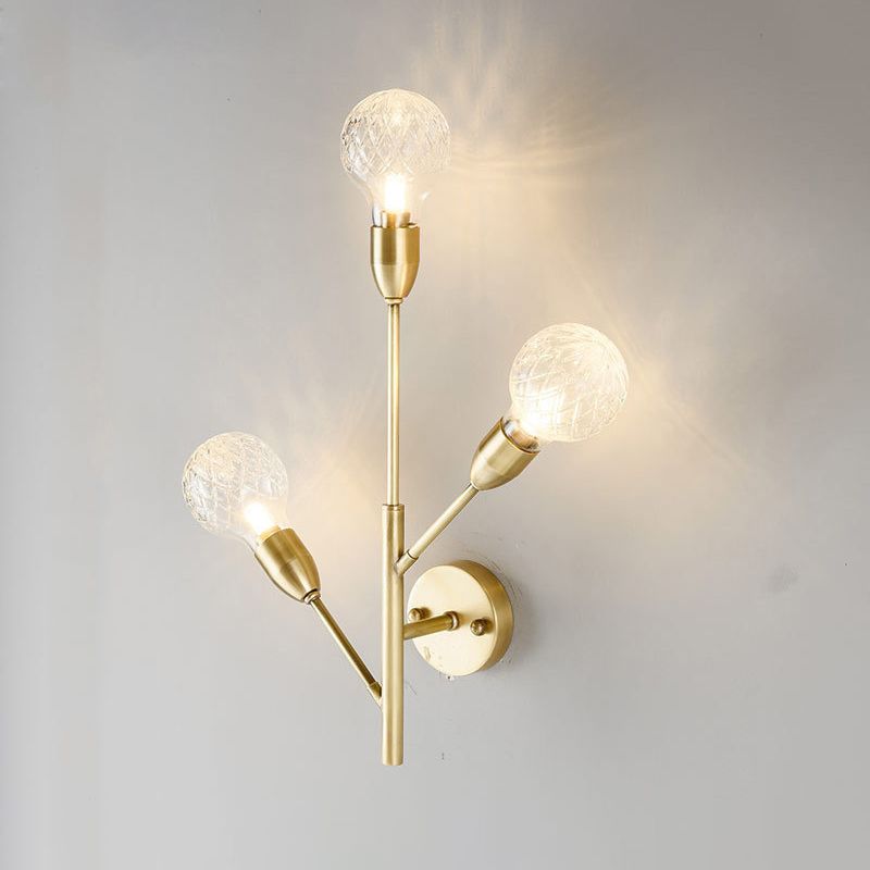 Globe Clear Lattice Glass Wall Lightture Post Modern 3 Lights Lrass Brass Appince lampe avec conception de branche