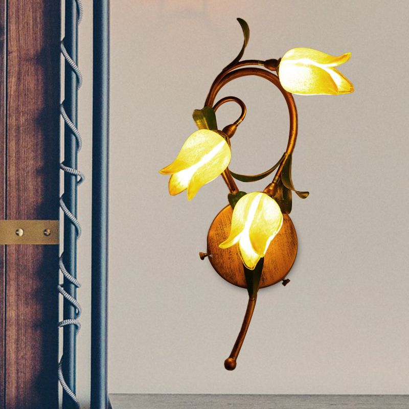 Blossom Bedroom Sconce Traditional-Style Yellow Glass 3 Lights Brass Wall Lighting Fixture
