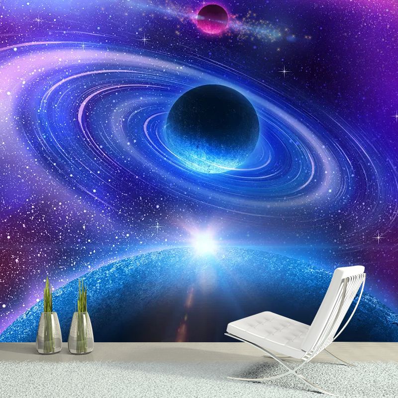 Blue and Purple Planet Mural Wallpaper Stain-Resistant Wall Decor for Guest Room