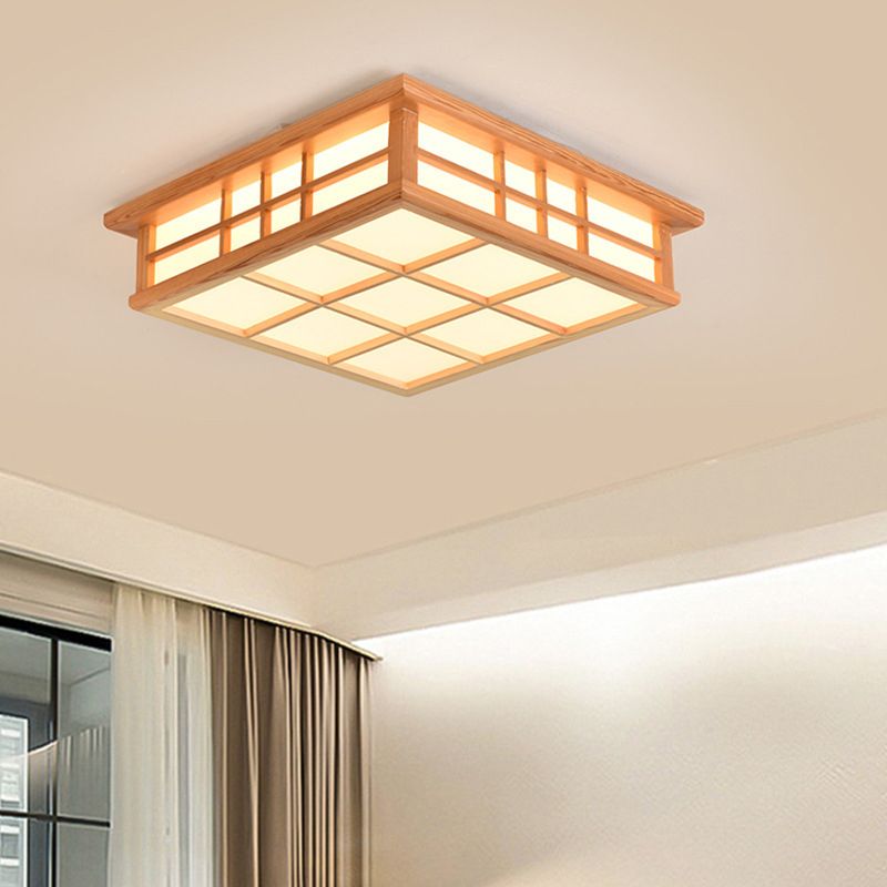 Square Ceiling Light Wooden LED Ceiling Mount Light with Acrylic Shade for Living Room