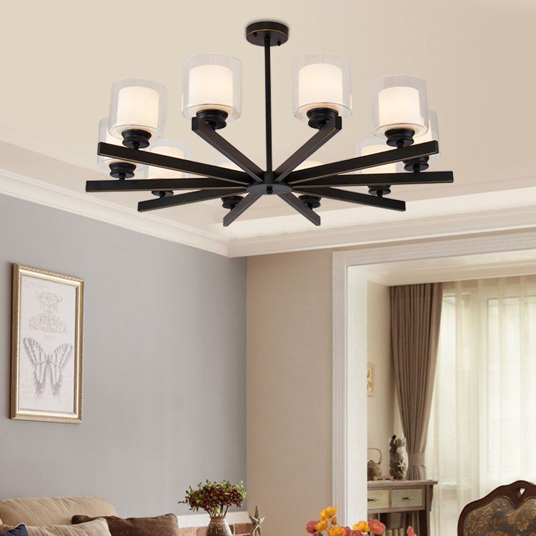 Nordic Style Metal Lighting Chandelier Cylindrical Double-layer Glass Shade Suspension Light for Dining Room