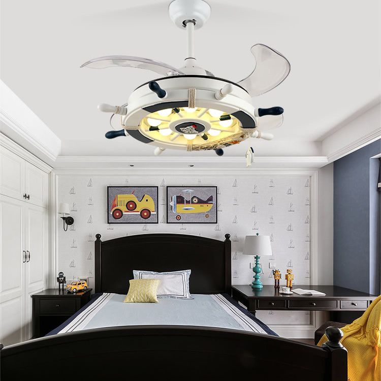 Mediterranean LED Pendant Fan Lighting Rudder Shaped Semi Flush Light with Metal Shade