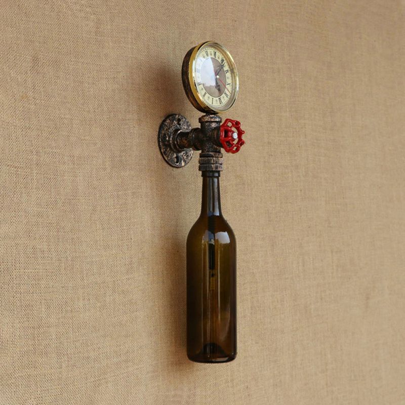 Brown/Blue Bottle Wall Sconce Lamp Vintage Stylish Glass 1 Bulb Living Room Wall Lighting with Gauge and Valve