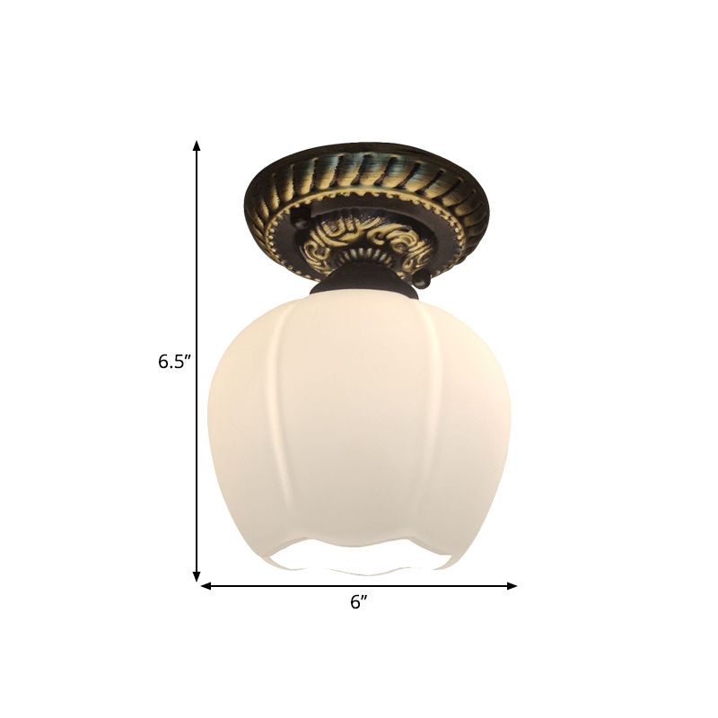 Country Blossom Ceiling Flush Single Bulb Milky Glass Flush Mount Lighting in Brown