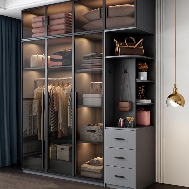 Modern Style Hinged Door Wardrobe for Bedroom Grey Cabinet with Glass Doors