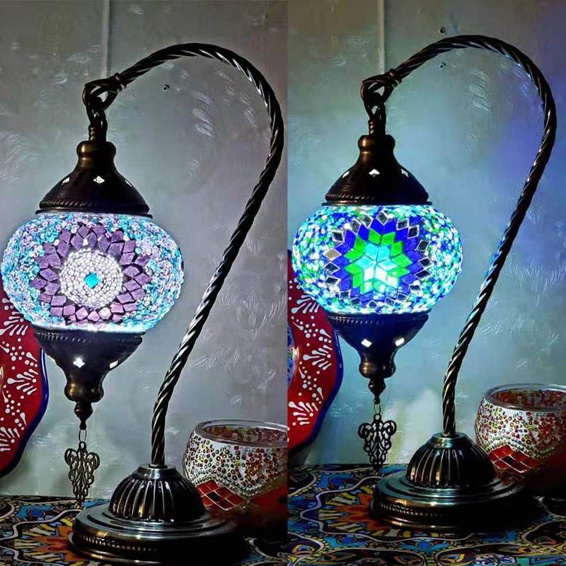 1 Bulb Gooseneck Table Light Moroccan Mosaic Stained Glass Night Light with Globe Shade