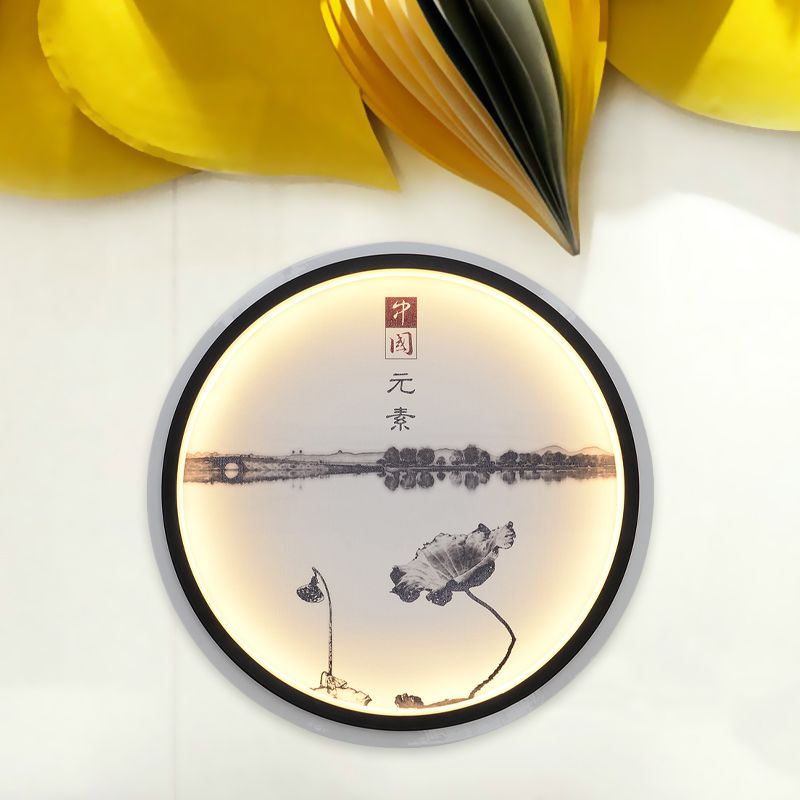 Lotus Lake Tearoom LED Wall Lamp Fabric Chinese Style Mural Sconce Lighting in Black