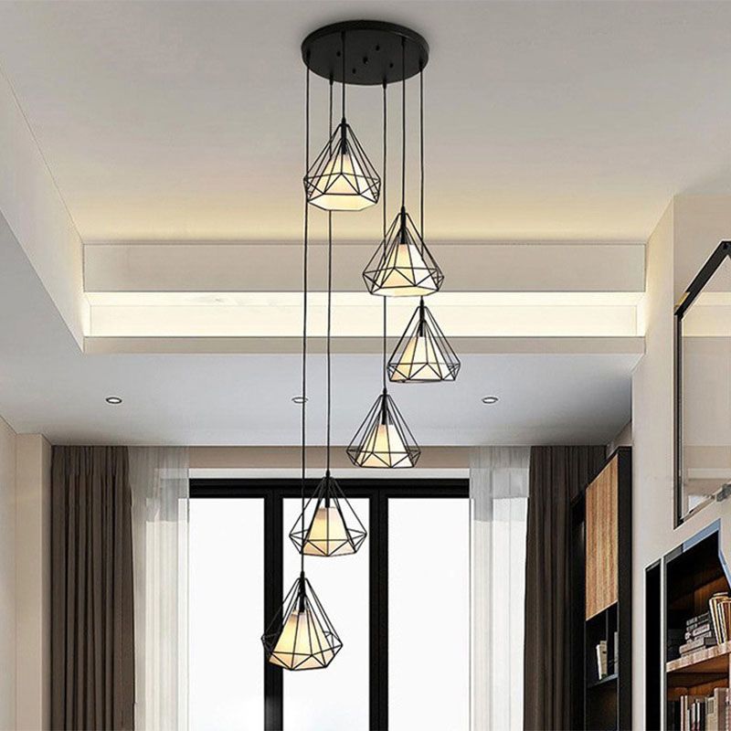 Spiral Diamond Cage Metallic Suspension Light Minimalist 6 Bulbs Black Multi Light Pendant for Stairwell