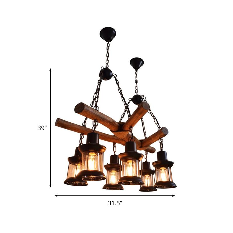 6 Heads Wood Pendant Lamp Industrial Wood Lantern Restaurant Chandelier Light Fixture
