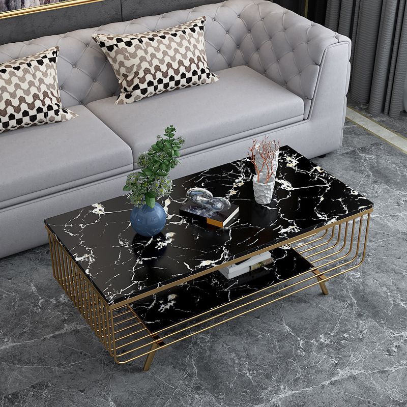 Glam 4 Legs Rectangular Marble Top Coffee Table with Storage Shelf