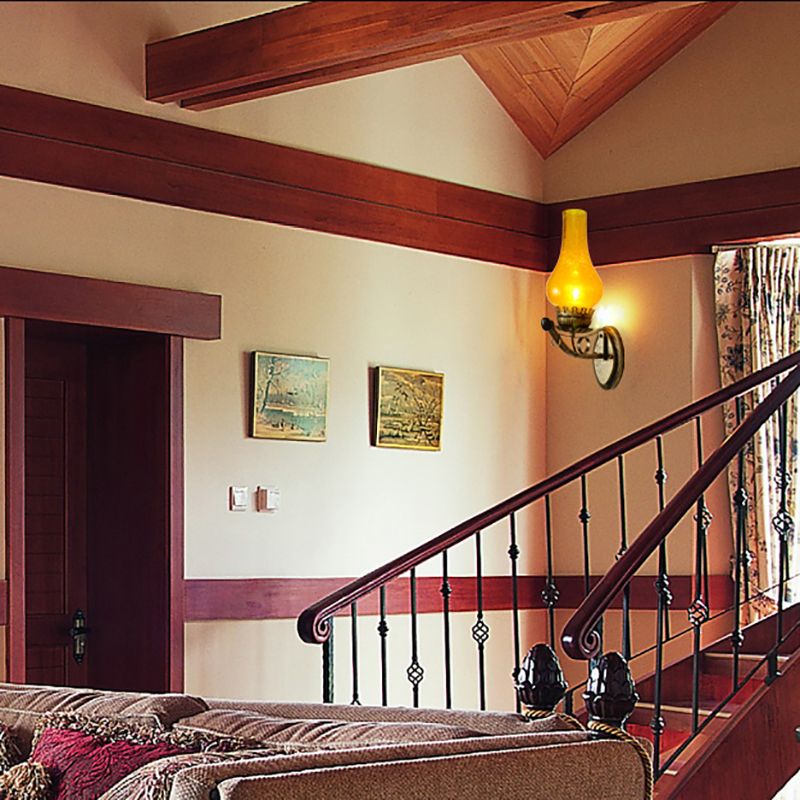 Coastal Candle Wall Mount Light 1 Head Yellow Crackle Glass Wall Sconce Lamp in Bronze