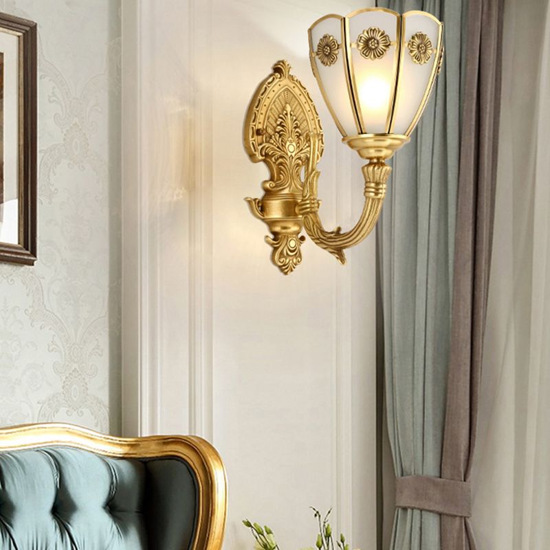 1/2 Lights Indoor Sconce Retro Floral Beveled Opal Glass Shade Wall Lamp with Golden Exquisite Carved Element