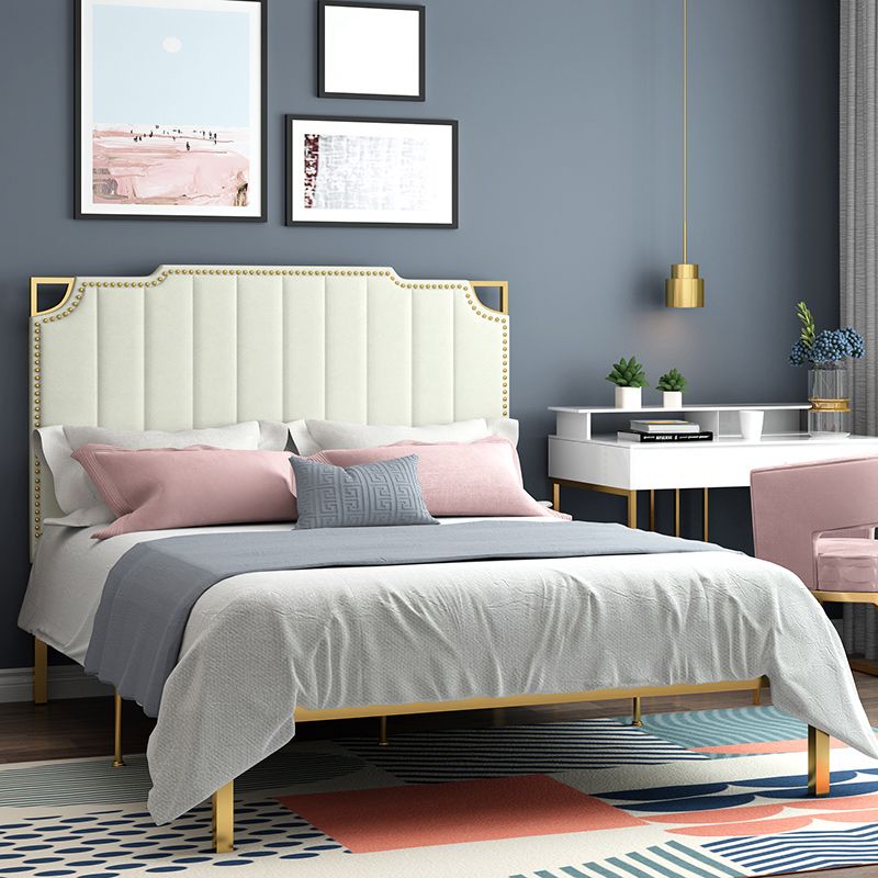 Contemporary Leather Bed Beige Upholstered Bed Frame with Nailhead Trim