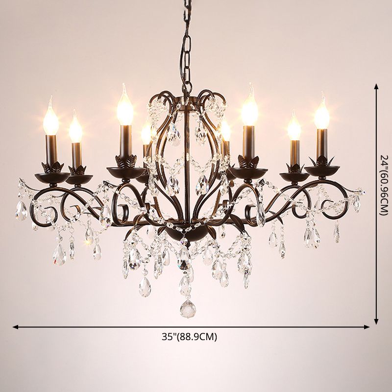Contemporary Metal Curved Arm Hanging Chandelier Light Black Candle Bedroom Suspension Light with Crystal