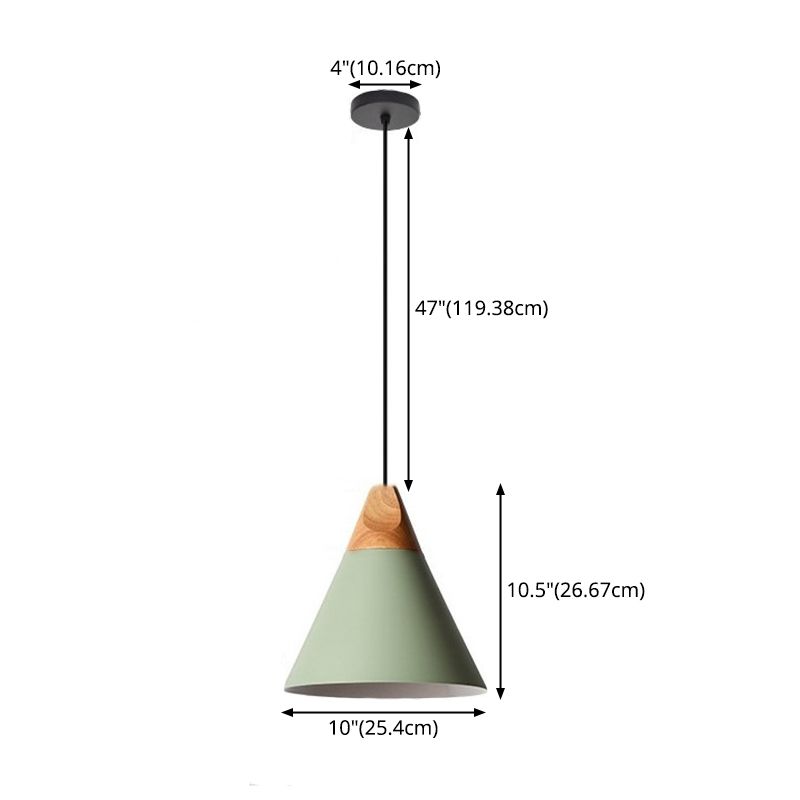 Nordic Simple Style Pendant Light, Macaron Color Conical Shade Hanging Light with Wooden Top