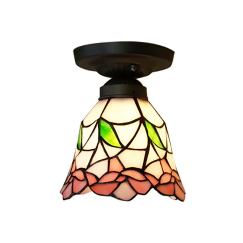 1-Head Flower/Bird/Phoenix Flower/Pink Rose/Red Rose Ceiling Mount Light Tiffany Rustic Stained Glass Ceiling Lamp in Black for Cloth Shop