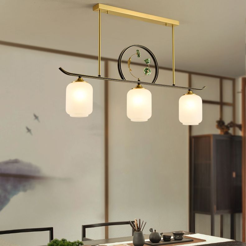Modern Style Cylindrical Shape Island Lights White Glass 3-light Island Lighting in Gold