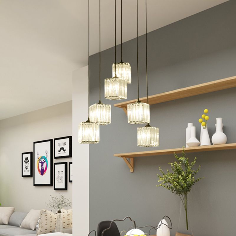 6 Heads Cubic Multi-Light Pendant Traditional Clear Crystal Hanging Ceiling Light