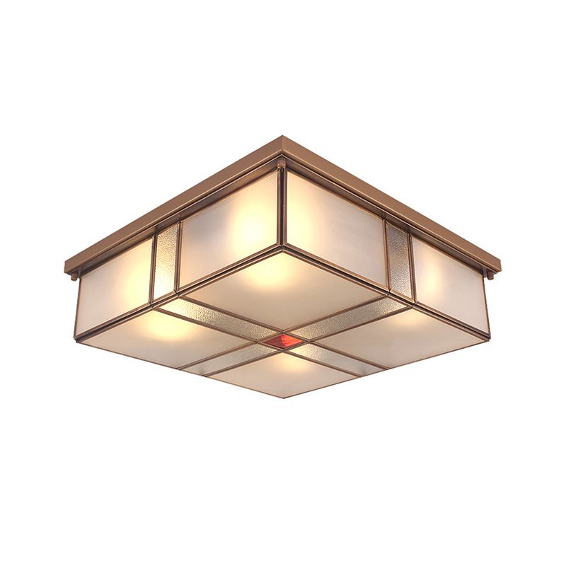 2/4 Verlichting Woonkamer Plafond Gemonteerde Armatuur Vintage Messing Flush Mount Licht met vierkant Frosted Glass Panel Shade