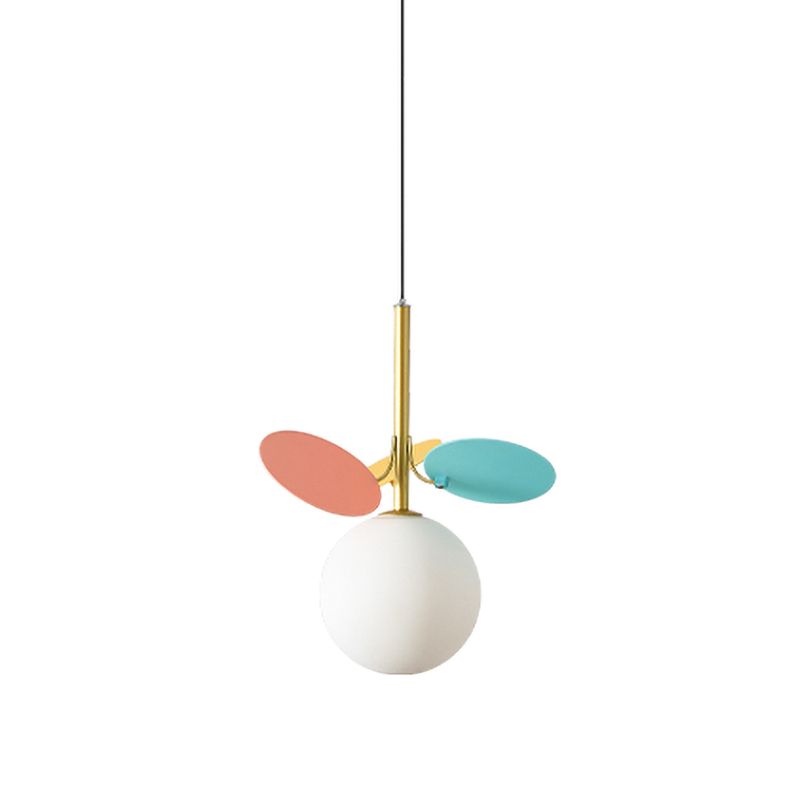 Nordic Globe Suspension Light White Glass 1-Bulb Bedroom Pendant Lamp with Red and Blue PVC Panel