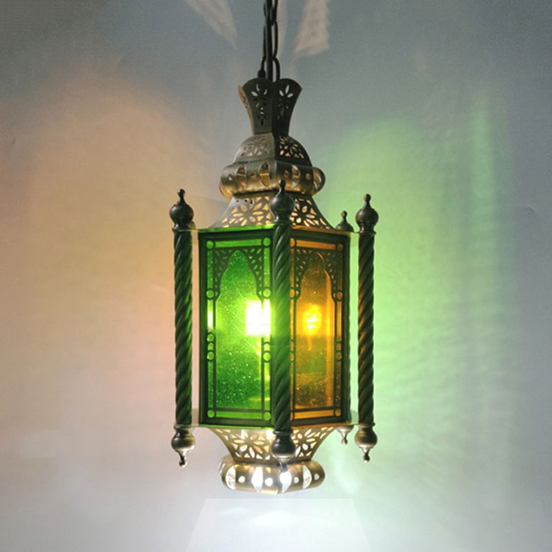 2 Heads Lantern Chandelier Lighting Arab Brass Finish Metallic Hanging Lamp Kit with Multi-Color Glass Shade