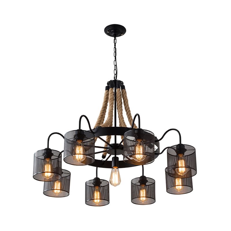 8/12-Light Cylinder Hanging Chandelier Factory Black Metal Mesh Suspension Pendant for Restaurant with Rope Cord