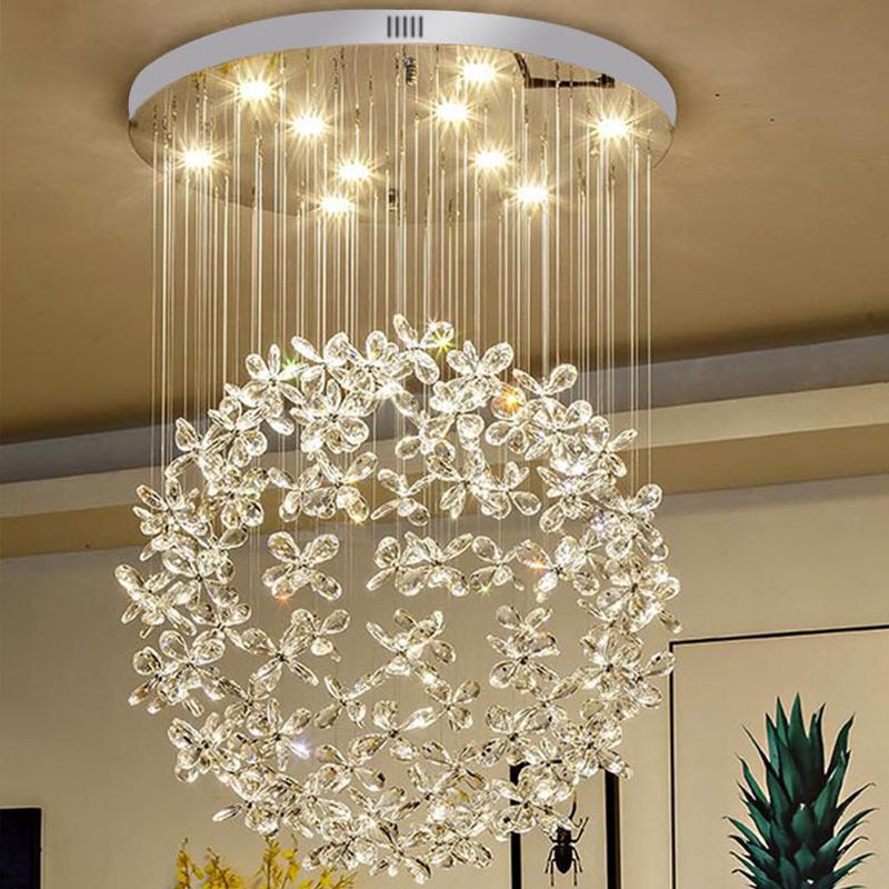 Kugel-Deckenleuchte, moderner klarer Kristall, 16"/19,5" B, 9 Lichter, Esszimmer-Einbauleuchte in Nickel