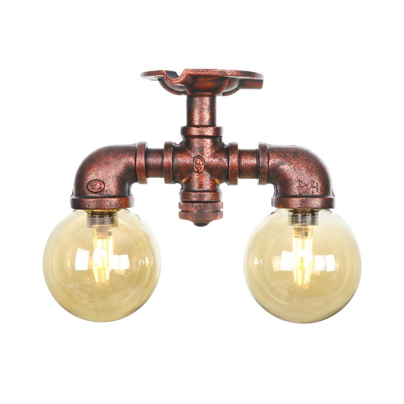 Plafonnier LED en verre ambré et cuivre, boule lumineuse à 2 têtes, luminaire de plafond semi-encastré pour ferme