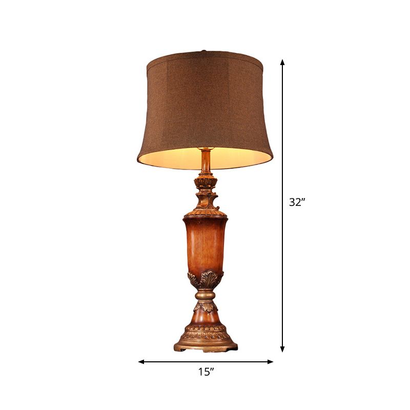 Urn Living Room Table Lamp Rural Fabric 1-Light Flaxen Night Stand Light with Curved Barrel Lampshade