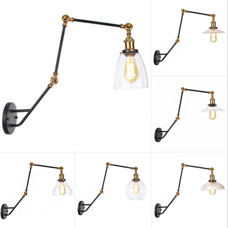Adjustable 3-Joint Arm Iron Wall Lamp Industrial 1 Head Bedroom Wall Reading Light with Globe/Saucer Clear Glass Shade