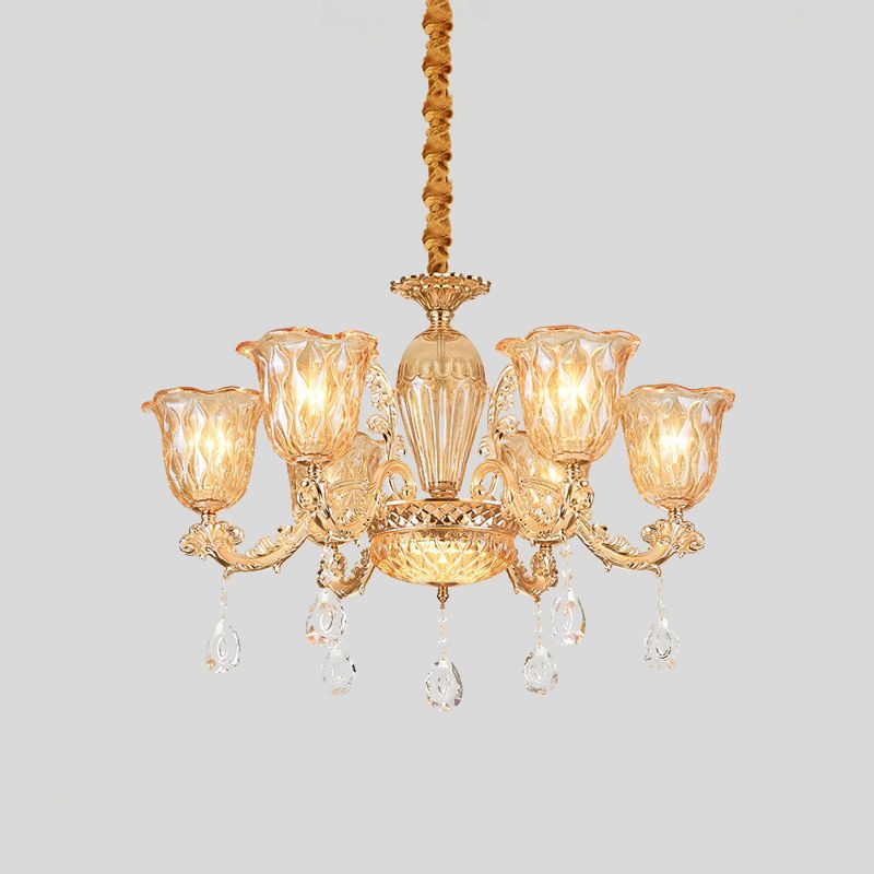 Gold 6-Bulb Pendant Light Fixture Mid Century Amber Glass Floral Chandelier with Crystal Drop