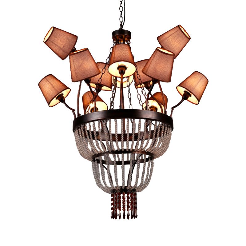 Copper Cascade Pendant Chandelier Vintage Fabric 12 Heads Restaurant Hanging Ceiling Light