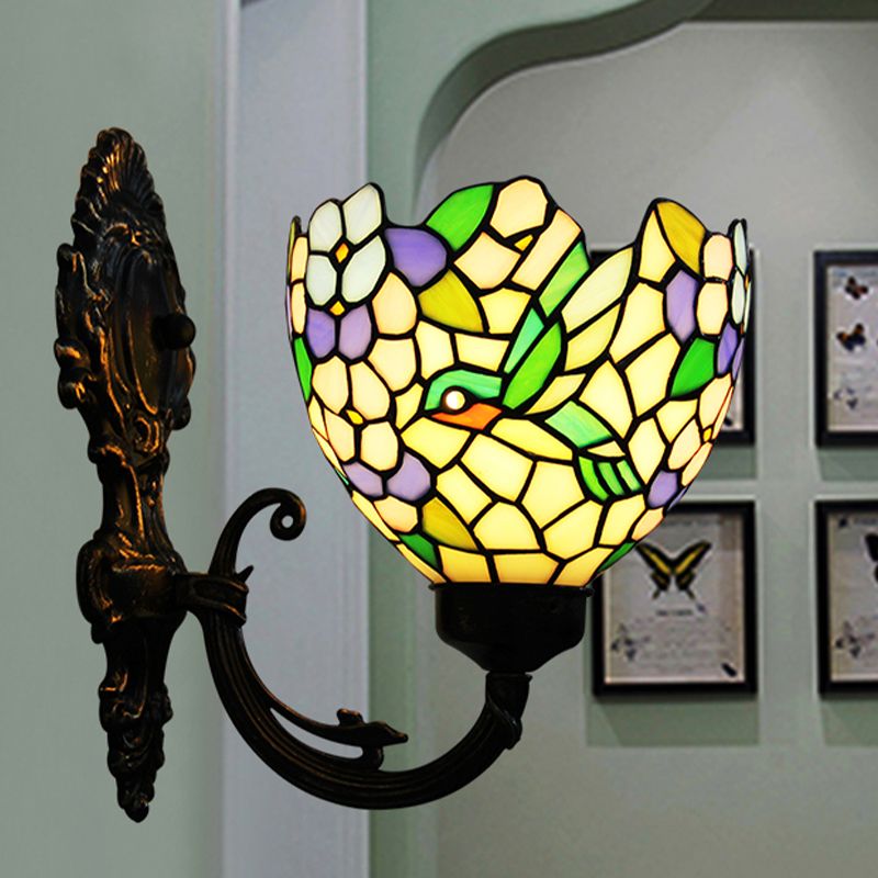 1-Light Sconce Light Baroque Flower Hand Cut Glass Wall Mounted Lighting in Bronze with Swirl Arm