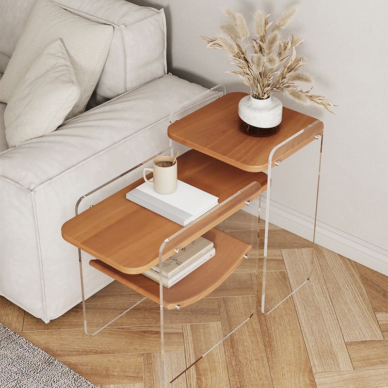 Wood and Acrylic Side End Table Double Tier Table with Shelf for Living Room