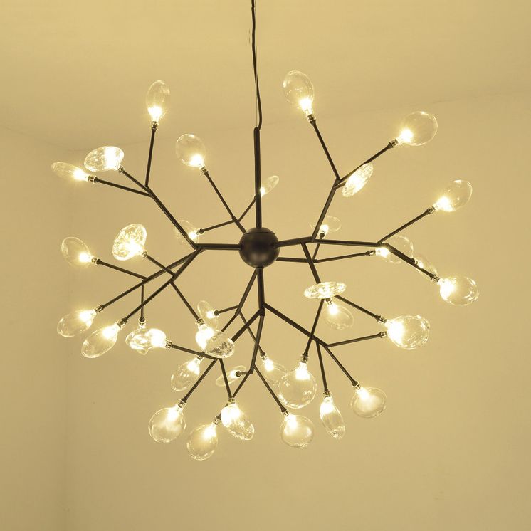 Branch Design Glass Hanging Lamp Modernist 27/36 Lights Black/Gold Chandelier Pendant Light with Leaf Shade